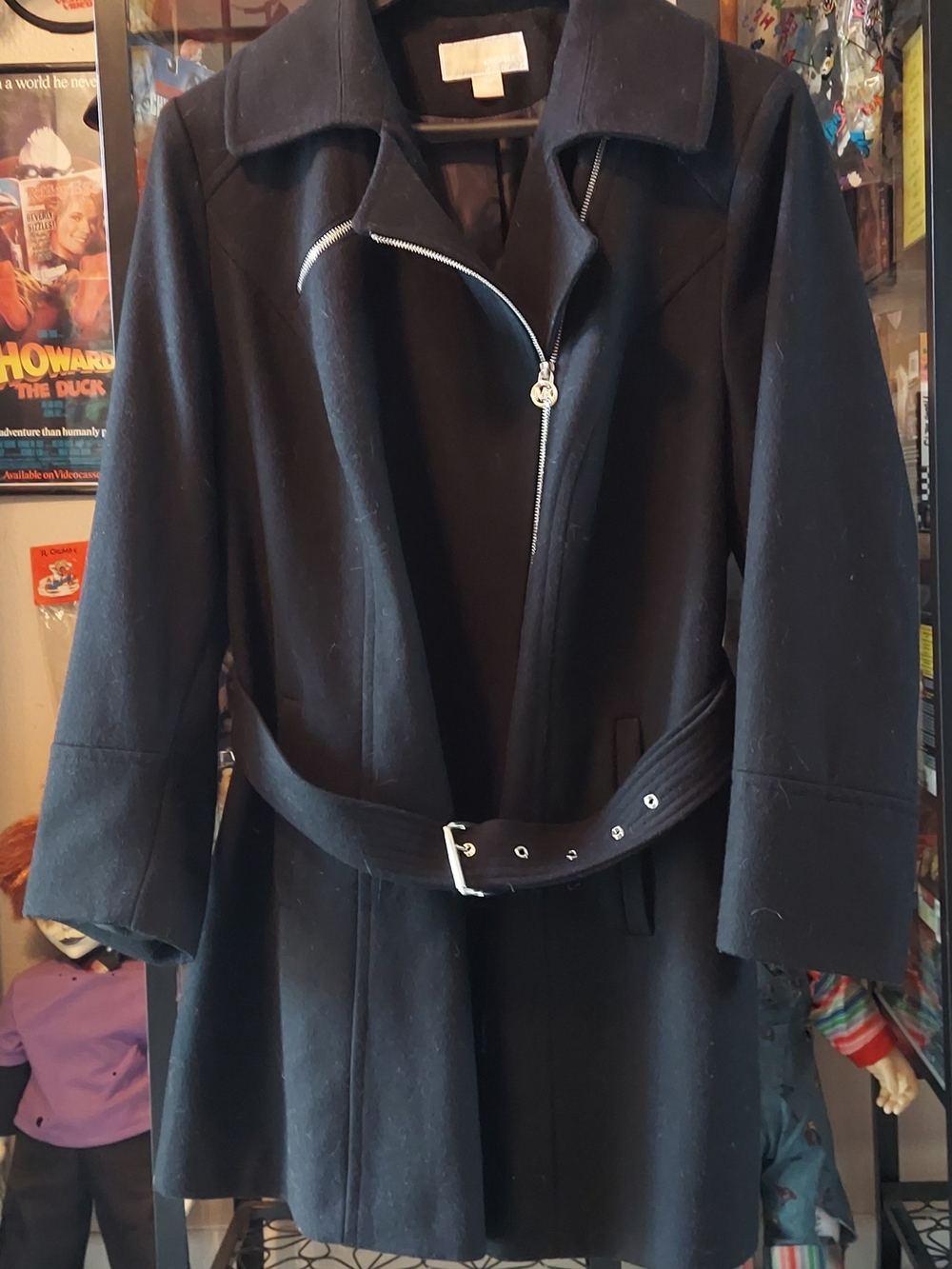 Michael Kors Wool Black Belted Zip-Front Trench Coat